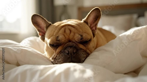 French Bulldog Sleeping on Cozy Bed Peaceful Morning Light