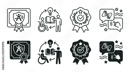 Inclusion and accessibility awards and training icons with inclusion accessibility training certificate disability