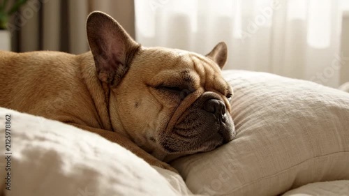 French Bulldog Sleeping Peacefully on Pillow Indoors