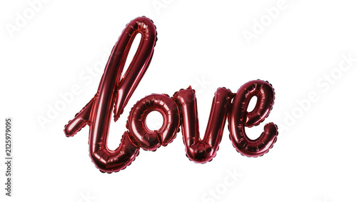 Foto Shiny red metallic cursive love word balloons, isolated on transparent backgroun