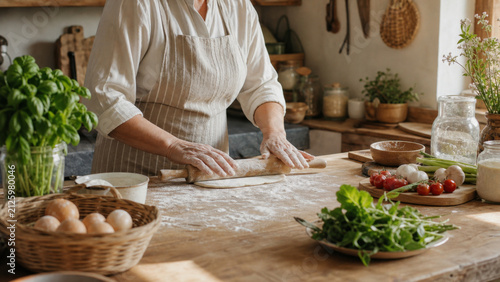 Woman rolling dough on wooden table with fresh vegetables and herbs in rustic kitchen, cozy home cooking preparation scene