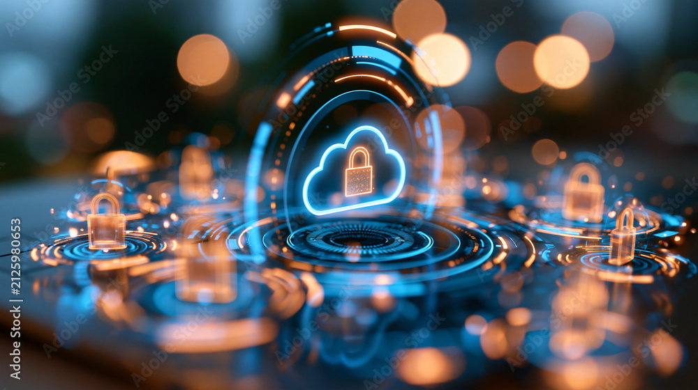 Fototapeta premium Digital cybersecurity concept with a glowing cloud icon connected to encrypted data nodes on a bright clean background, crisp blue and amber accents, cloud protection, network encr
