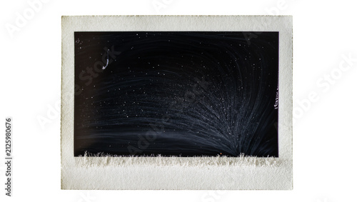 Instant photo frame with abstract white chalk drawing of stars and comet, isolated on transparent background