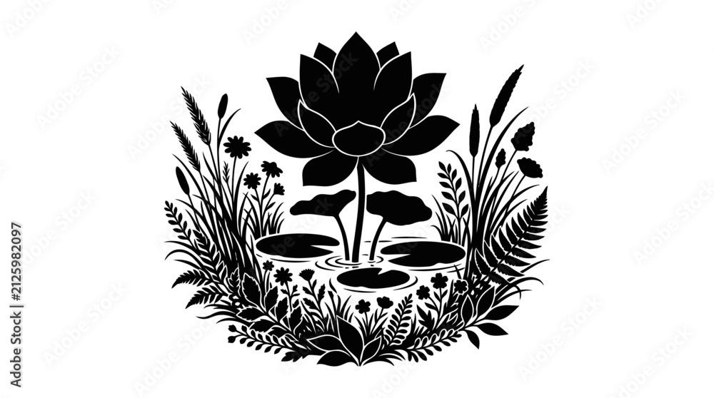 Fototapeta premium Black Botanical Vector Silhouettes, Lotus Flower With Ferns, Vintage Wild Plants And Leaves, Decorative Design, Nature Badge, Graphic Elements, Monochrome Illustration For Backgrounds
