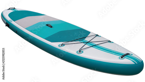 Photography Inflatable stand up paddleboard with teal and grey pattern, isolated on transpar