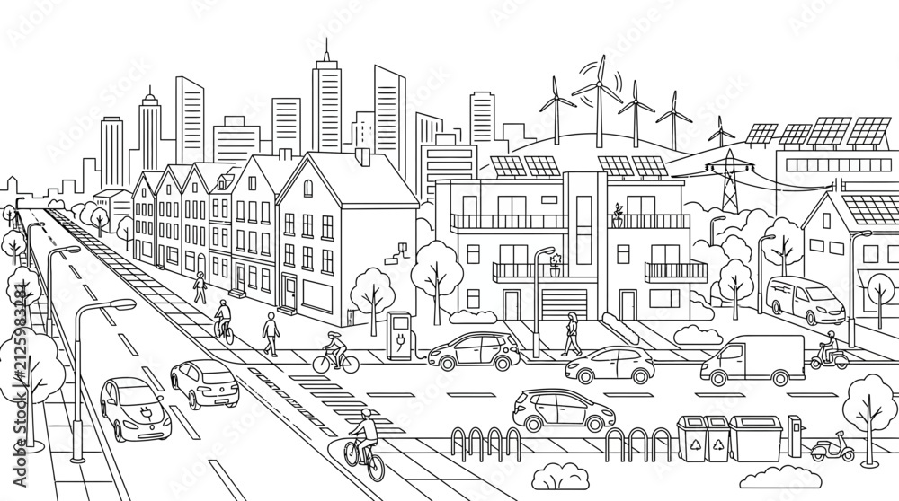 Fototapeta premium Sustainable city skyline with renewable energy sources and eco-friendly transportation.