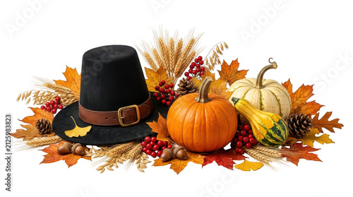 Pilgrim hat with pumpkins and colorful autumn leaves for thanksgiving isolated on transparent background