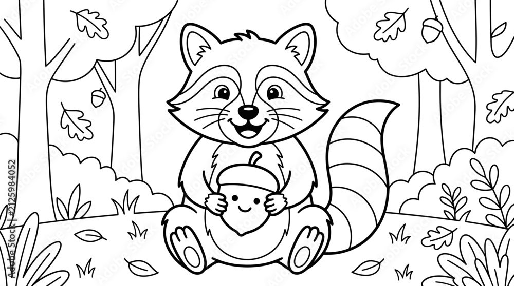 Fototapeta premium Happy raccoon holding a smiling acorn coloring page for children with coloring activity illustration woodland