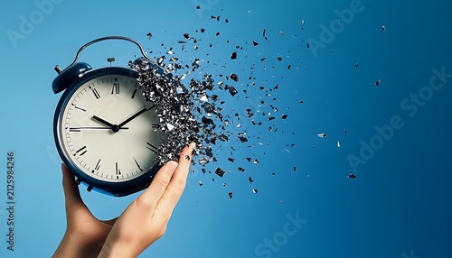 Alarm clock shattering into pieces against a blue background, concept of time running out or losing track of time.