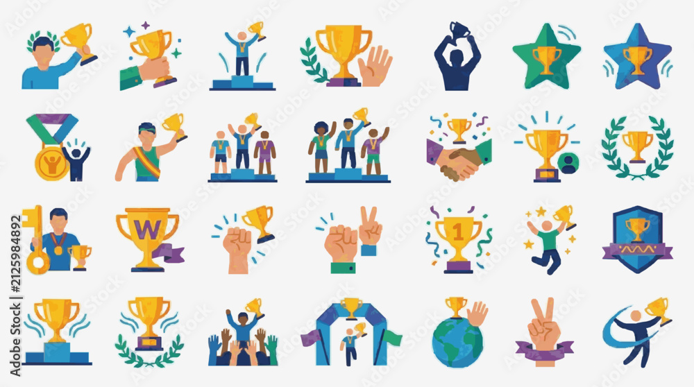 Fototapeta premium Industrial Style Colorful Award Icons Set Featuring Celebration Victory and Achievement Symbols with Golden Cups Medals and Hand Gestures