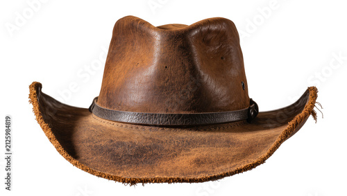 Obraz na płótnie Distressed brown leather cowboy hat with dark leather band, isolated on transpar