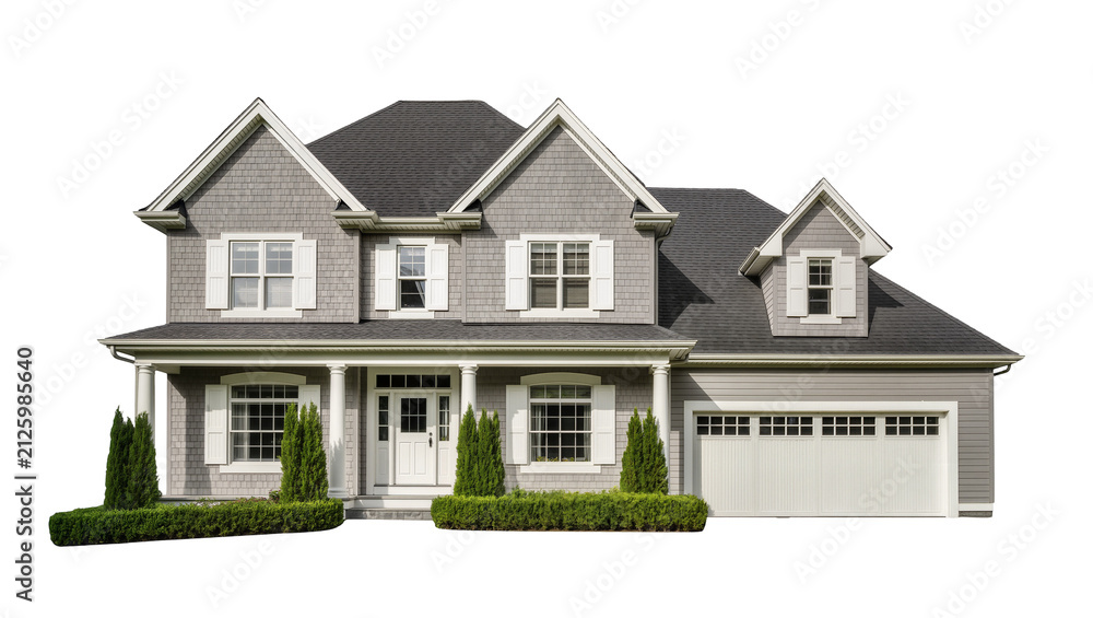 Obraz premium Gray shingled two-story house with white shutters and garage door, isolated on transparent background