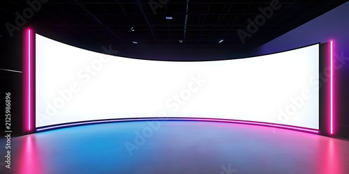 Modern curved screen in dark room with neon pink and blue lights, futuristic presentation space.