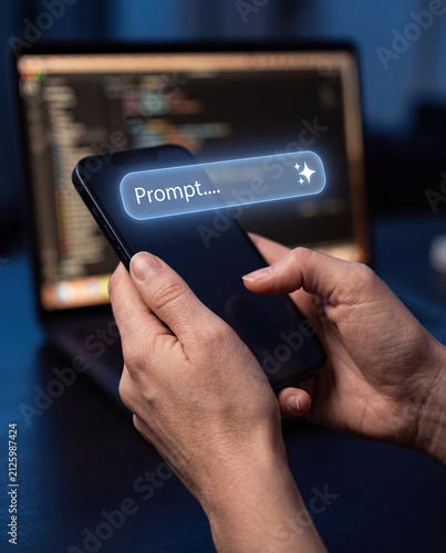 Generative AI Mobile Prompt Concept: Hands Holding Smartphone With Glowing Prompt Search Bar and Sparkle Icon, Vertical Mobile Technology