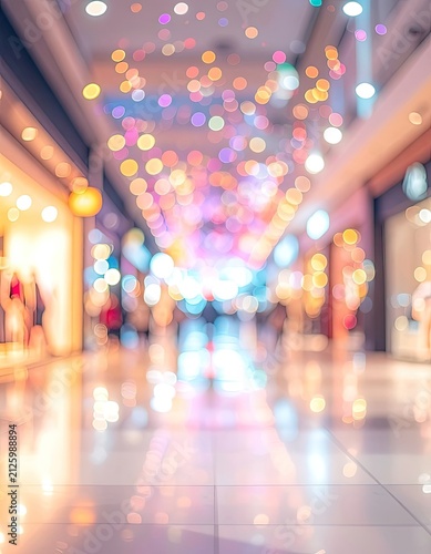 Blurred bokeh lights create a festive and inviting atmosphere in a shopping mall.