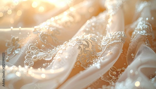 An opulent close-up showcases the intricate detailing of delicate lace and pearl embellishments on flowing satin fabric, bathed in soft, warm, bokeh-lit sunlight.