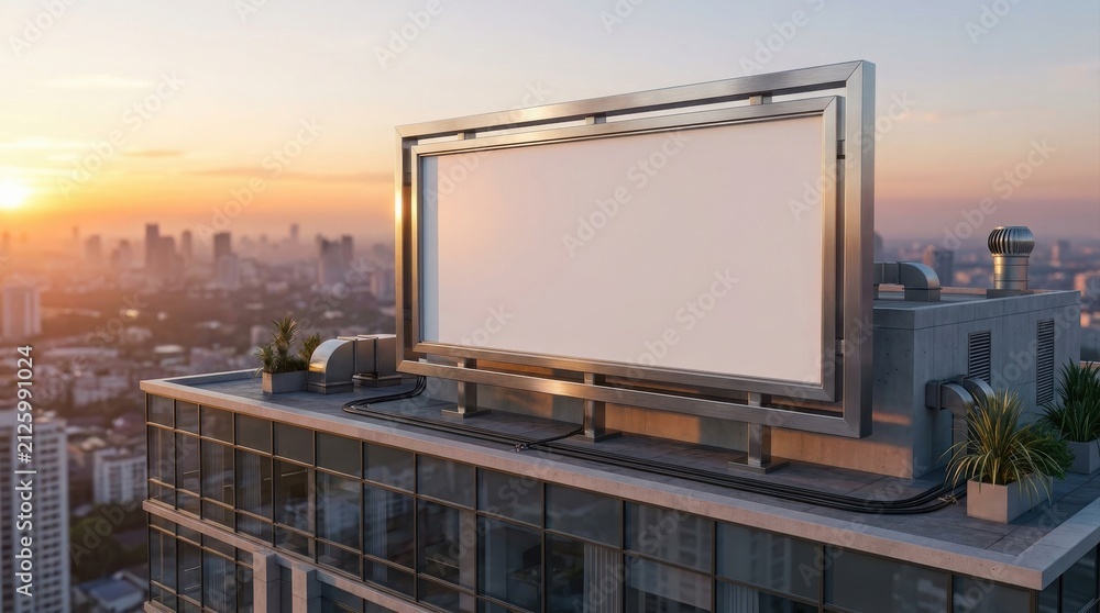 Fototapeta premium Blank billboard mockup installed on a city rooftop during a beautiful golden hour sunset lighting.