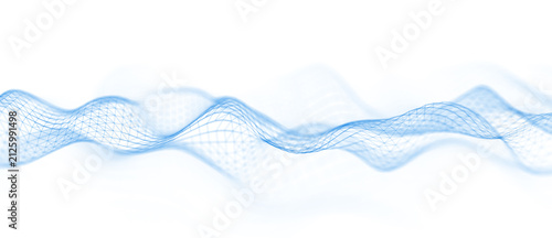 Minimal abstract blue wireframe wave flowing across a white background. Soft mesh landscape with smooth curves and transparent lines, suitable for technology, data, communication, scientific visualiza