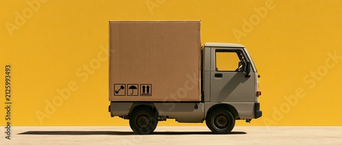 Light gray truck with large cardboard box on yellow background