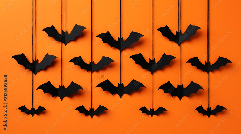 Fototapeta premium Black bat silhouettes arranged in a diagonal pattern on orange background