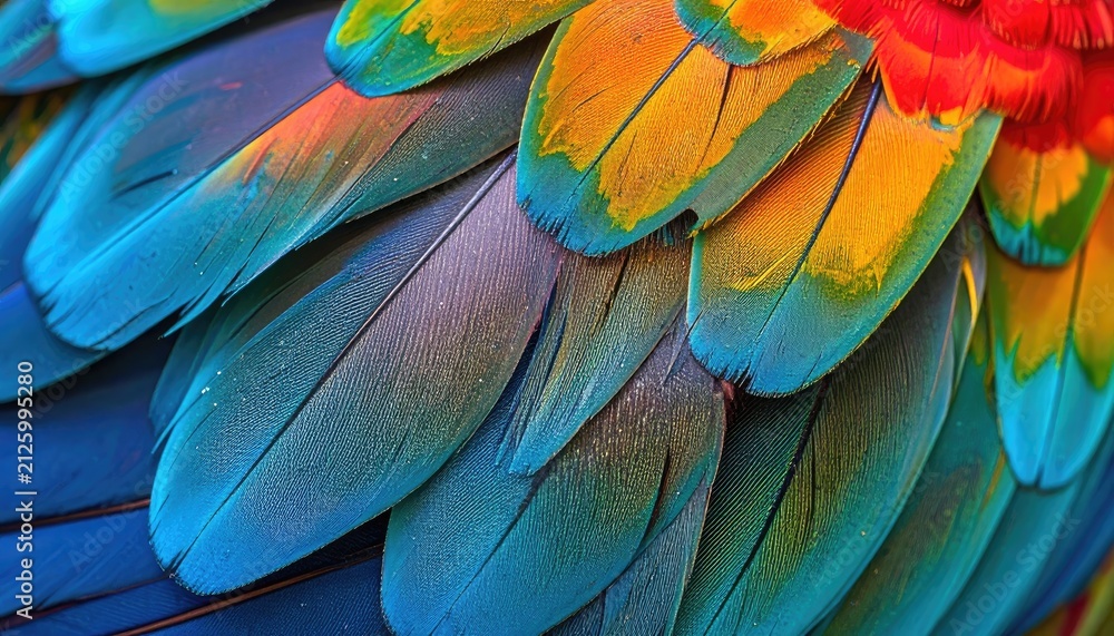 Obraz premium Macro shot of vibrant macaw feathers showing intricate details and color gradients.