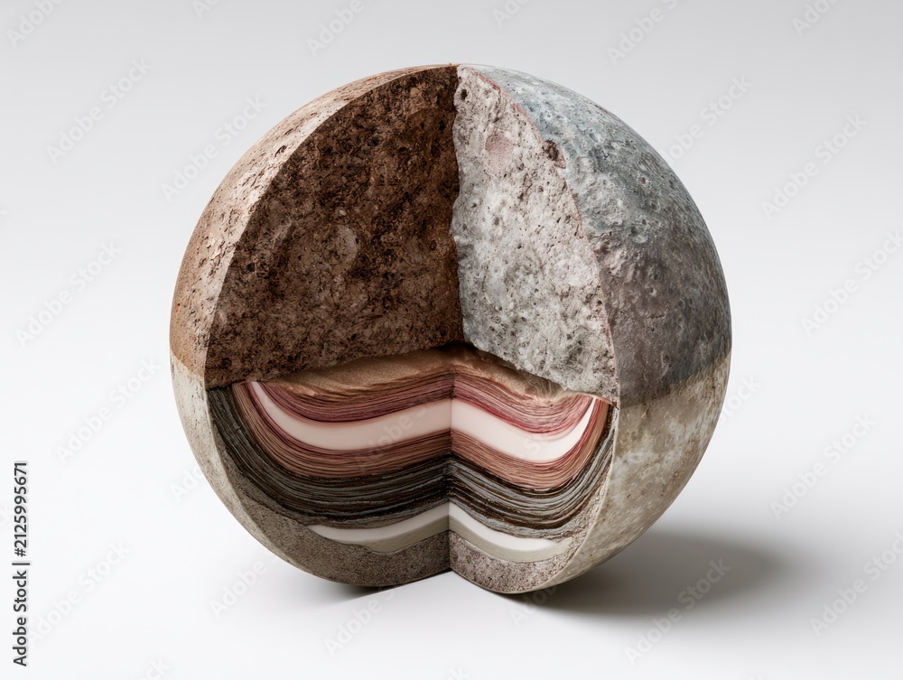 Obraz premium A compact infographic style illustration displays a dwarf planet cut away to reveal detailed core layers.
