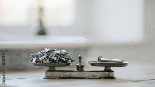 Vintage balance scale comparing metal objects