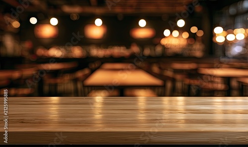 Warm, blurred interior with wooden tables and glowing lights