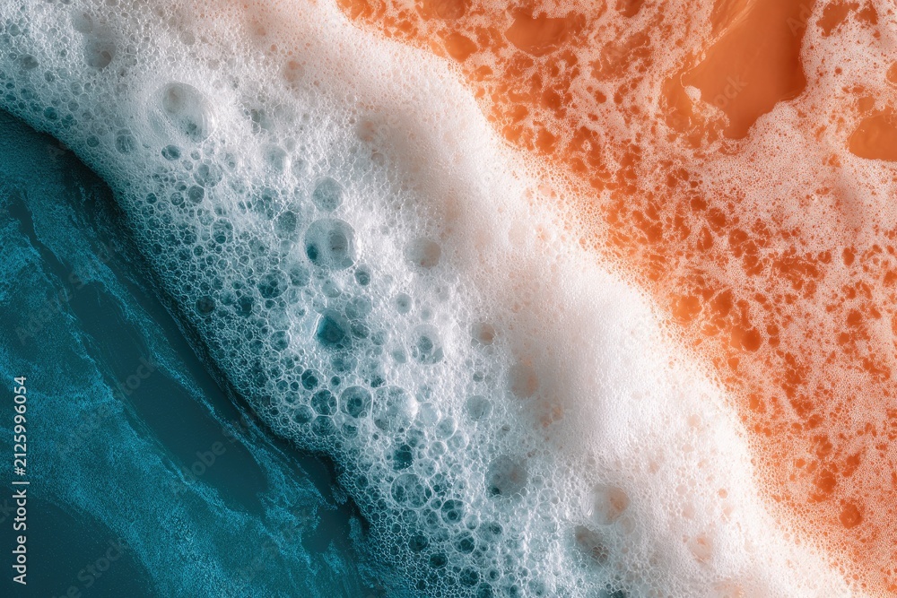 Fototapeta premium Close-up abstract of turquoise and orange hues with foamy bubbles