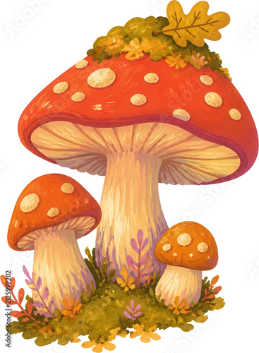 Three red capped mushrooms with white spots growing among autumn leaves and grass