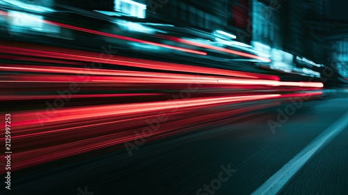 Streaks of red light blur across a dark, urban landscape at night