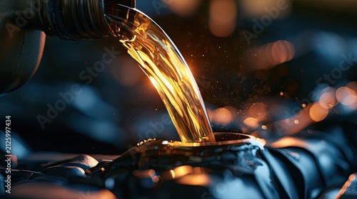 Golden liquid pours from a spout into an engine component