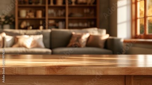 Warm sunlight illuminates a cozy living room with a couch and bookshelf