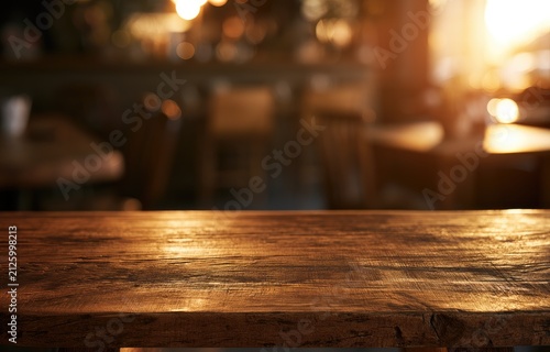 Warm, ambient light glows across a rustic wooden table in a cozy, blurred establishment