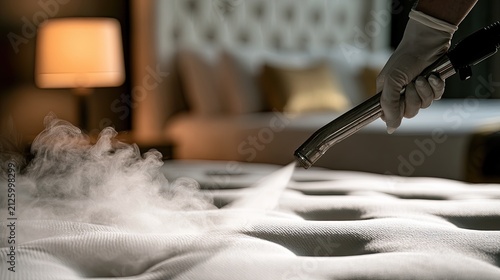 Gloved hand uses steam cleaner to sanitize mattress, creating visible vapor