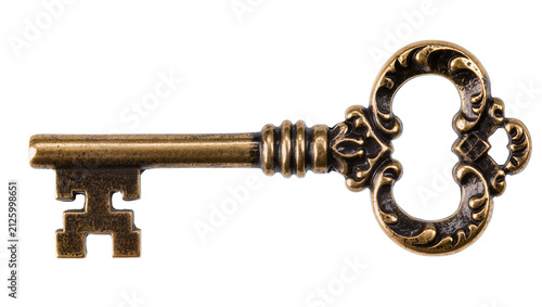 Konstfotografi Antique ornate brass skeleton key with decorative bow, isolated on transparent b