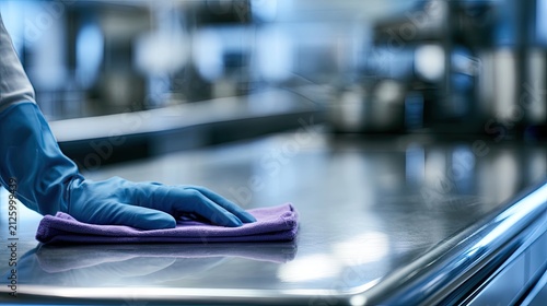 Gloved hand wipes down a gleaming stainless steel surface in a commercial kitchen