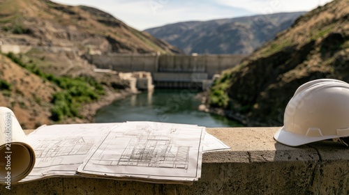 Construction blueprints, helmet atop dam wall, overlooking reservoir