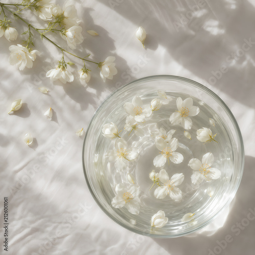 White jasmine flowers floating in a glass bowl of water with soft sunlight and shadows