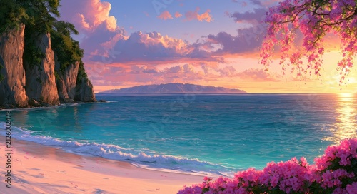 Tranquil island beach at sunset with gentle waves and flowering trees