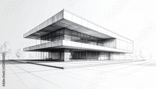 Creative Architectural Pencil Drawing Featuring Modern Structure, Soft Shadows, and Minimal Background for Promotional Materials
