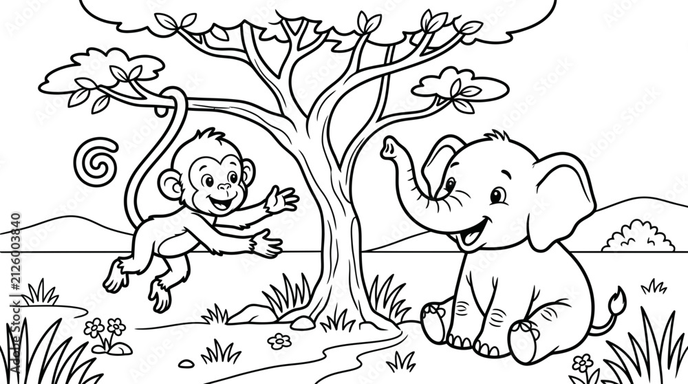 Fototapeta premium Happy elephant and monkey playing near tree coloring book illustration with elephant coloring wildlife friendship