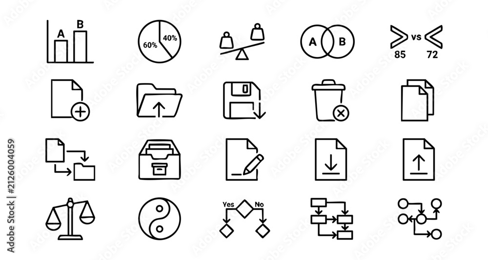 Fototapeta premium Data management and business analytics line icon set with business analysis management statistics document workflow