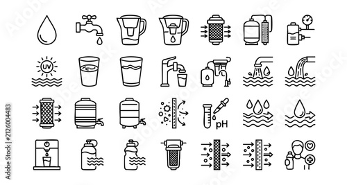 Photography Water filtration and purification process line icon set with filtration purifica