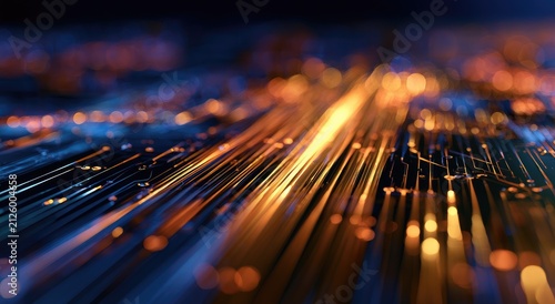 Abstract digital circuit board with glowing orange and blue light streams