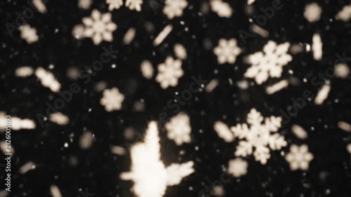 Macro Close-up of Intricate Snowflakes Falling Slowly on Dark Black Background