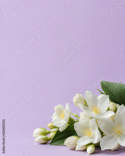 White jasmine flowers with green leaves on a pastel purple background with copy space