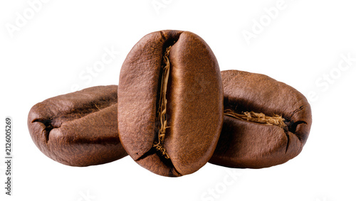 Konstfotografi Three roasted brown coffee beans with visible crease, isolated on transparent ba