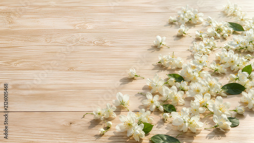 White jasmine flowers scattered on light wooden background with copy space