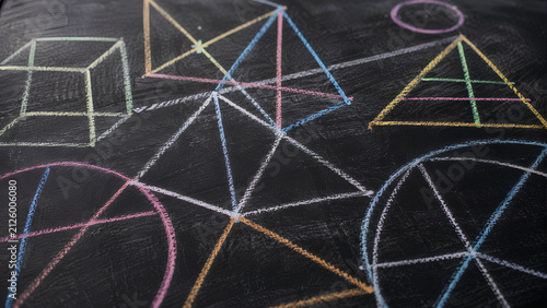 Colorful Geometric Shapes Drawn on a Chalkboard